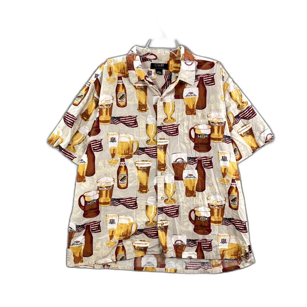 C&B Sport By Croft & Barrow Hawaiian Shirt Mens XL All Over Beer Print Surf